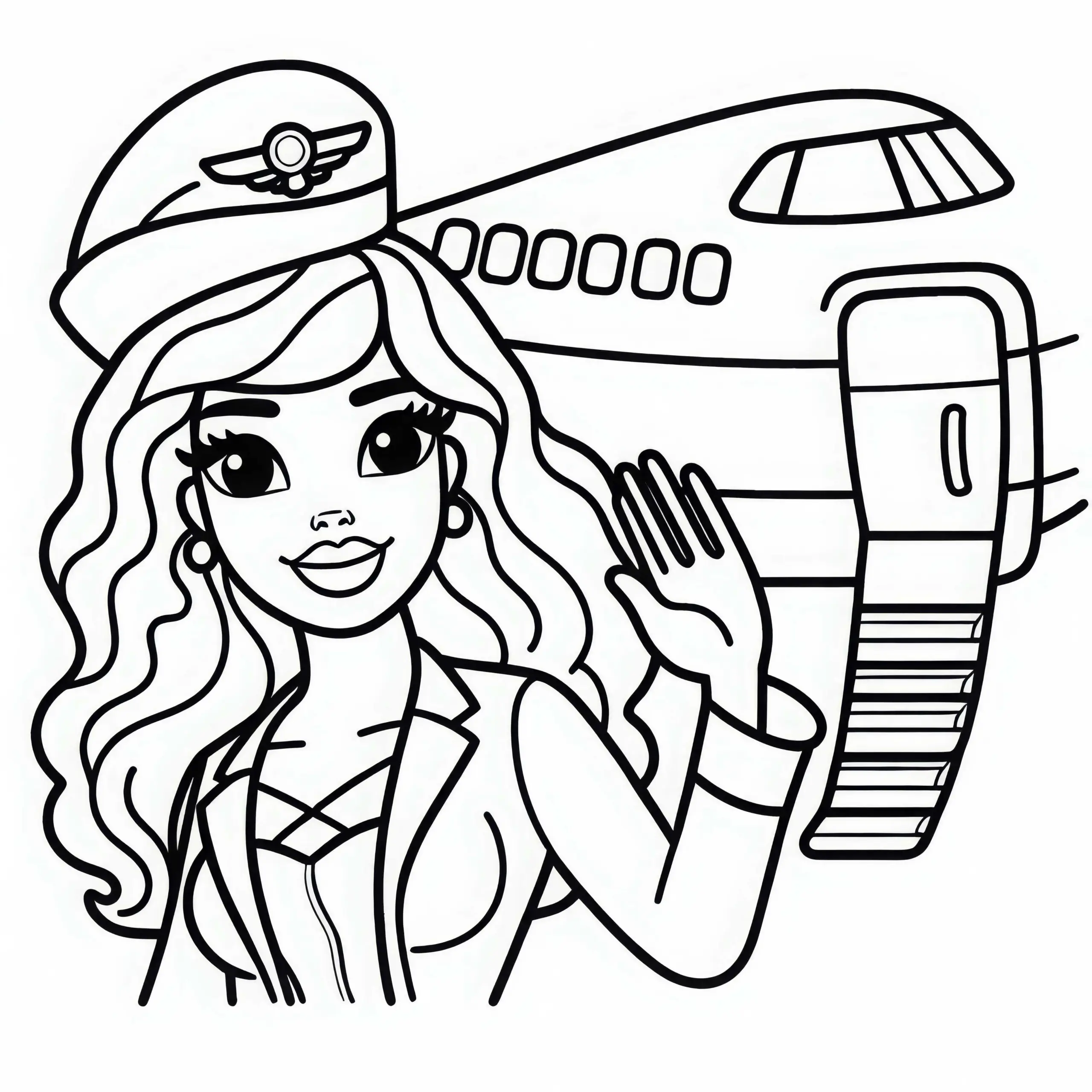 Flugbegleiterin verabschiedet Passagiere beim Ausstieg – Malvorlage gratis (Ausmalbild)