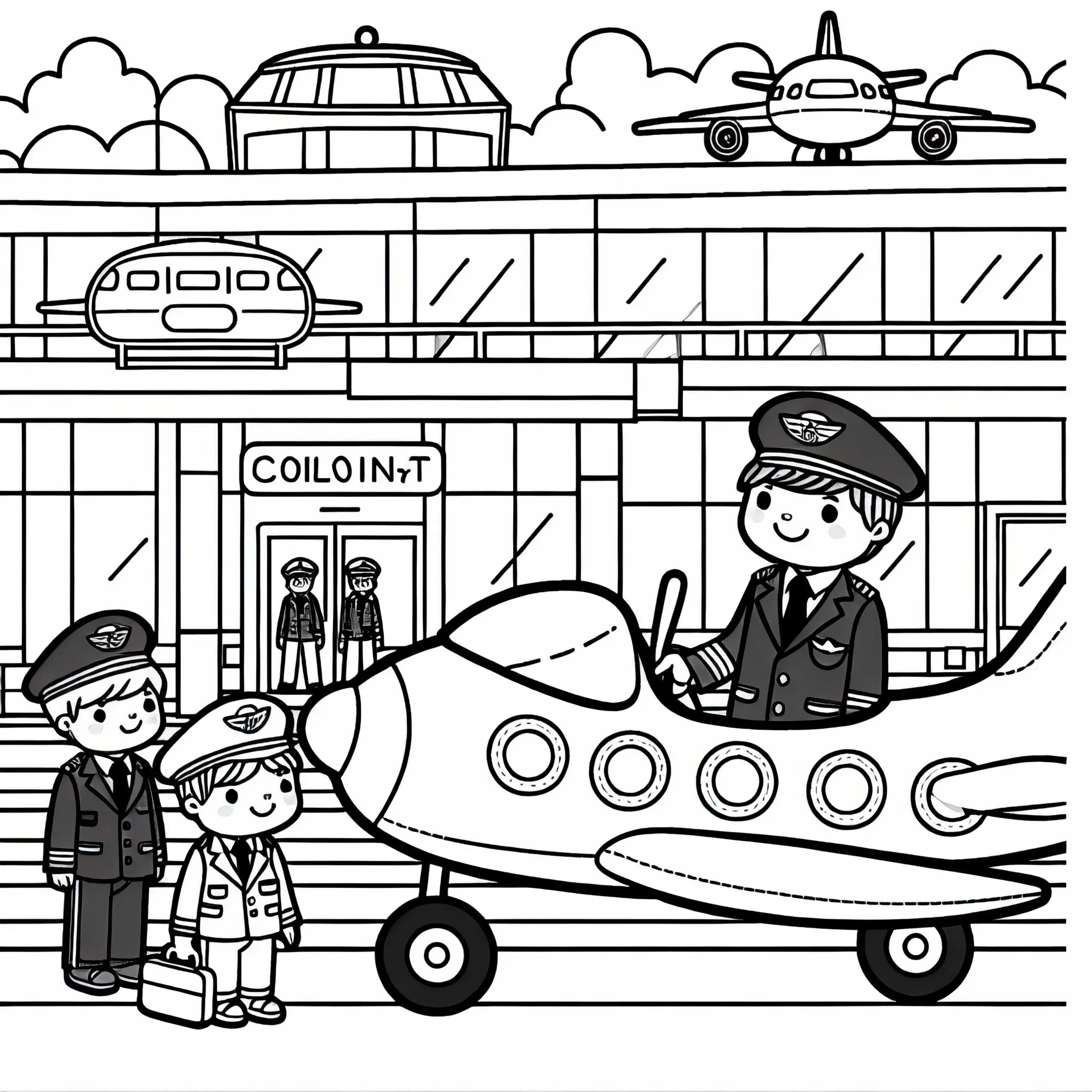 Flughafen mit Piloten – Malvorlage einfach gratis (Ausmalbild)