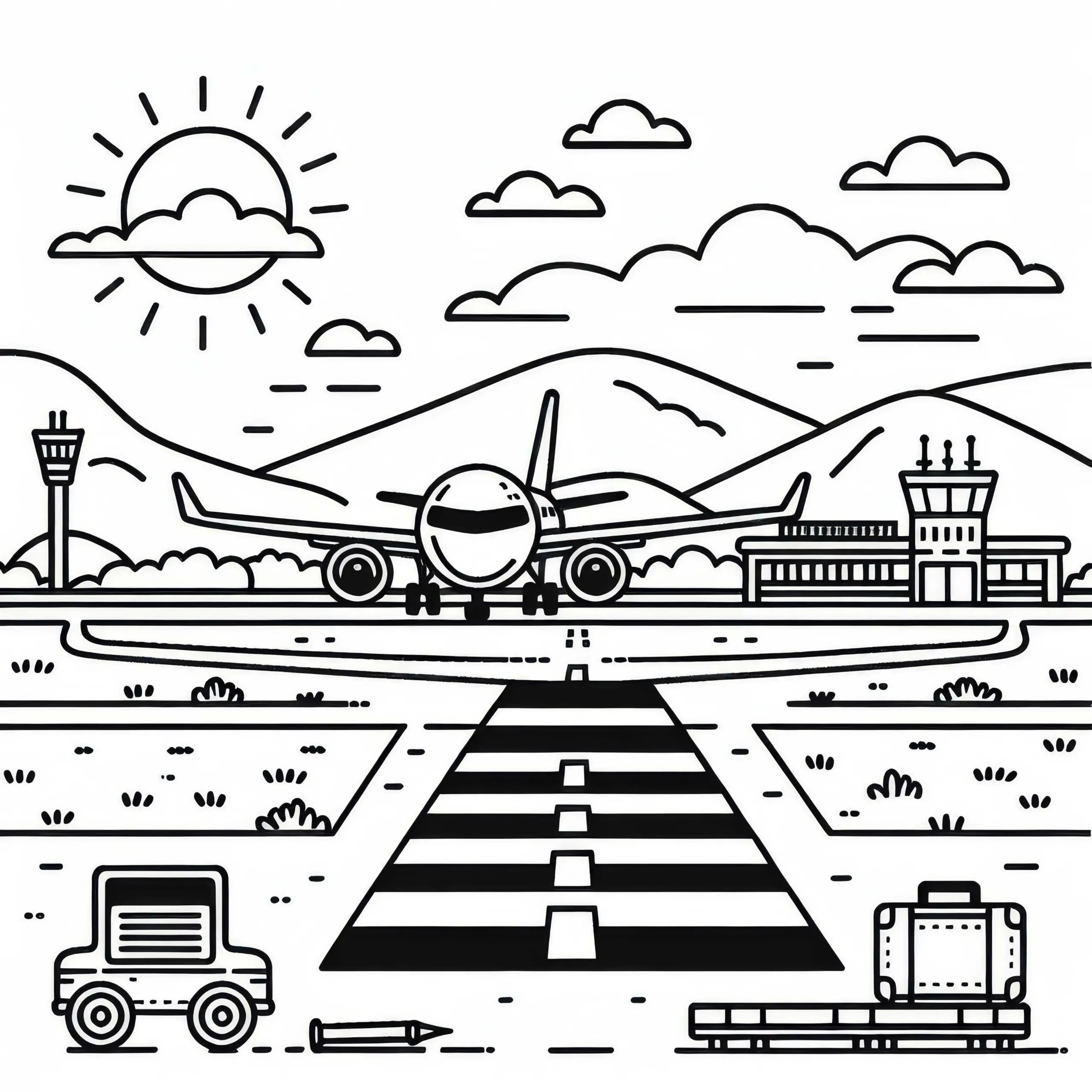 Flugzeug auf Flugplatz Malvorlage Kostenlos (Ausmalbild)