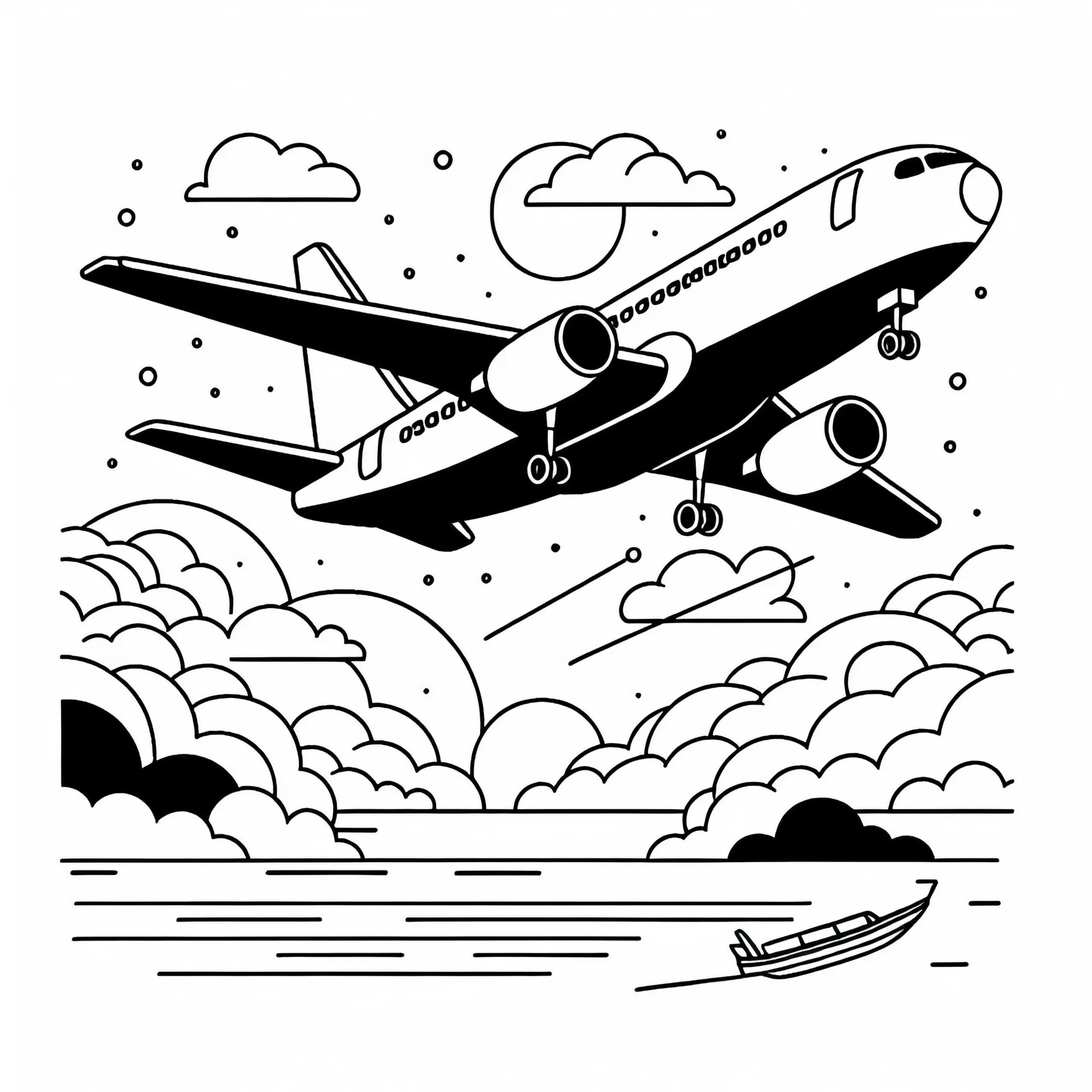 Flugzeug im Flug als Malvorlage kostenlos herunterladen (Ausmalbild)