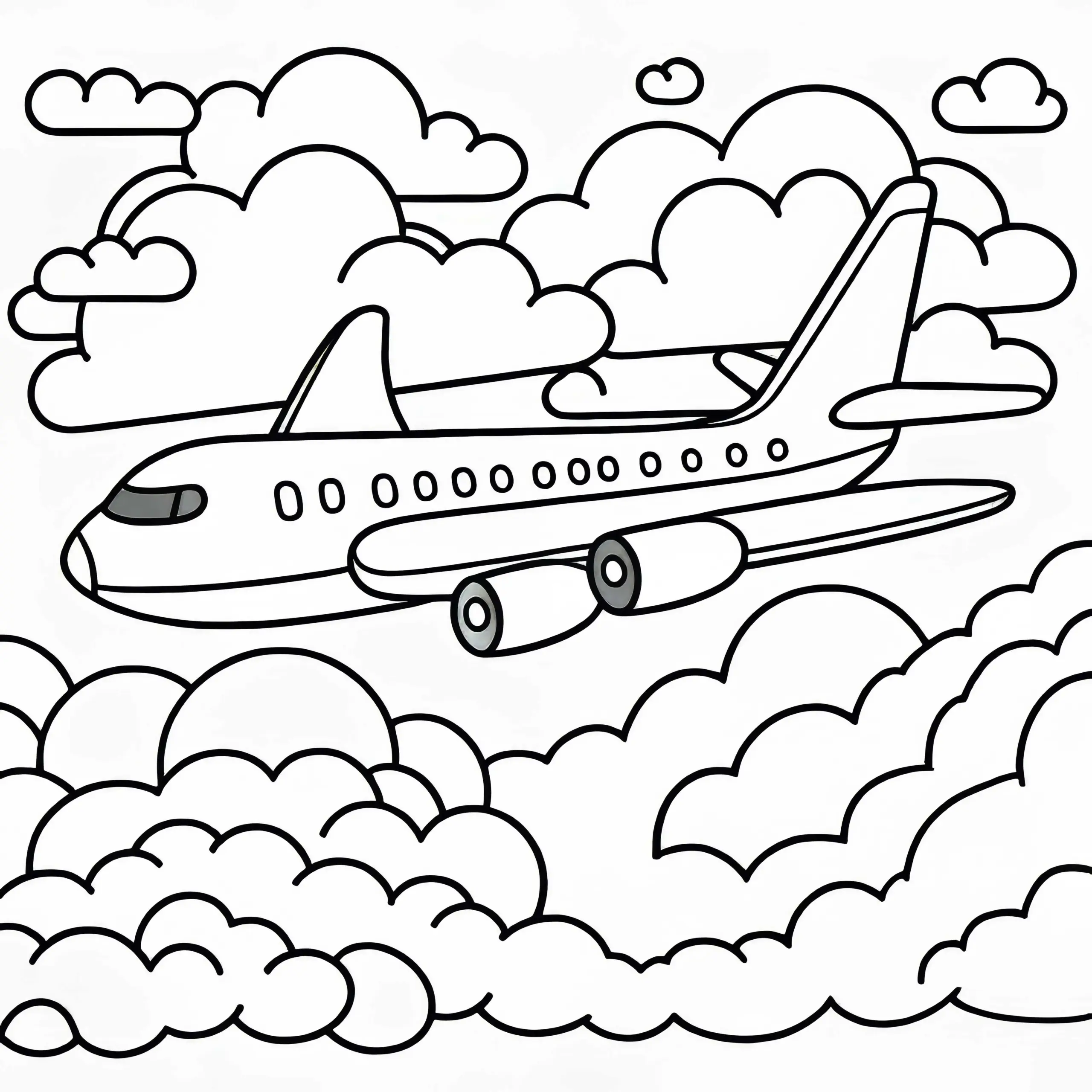 Flugzeug in den Wolken – Malvorlage kostenlos (Ausmalbild)