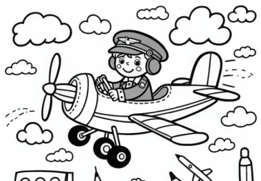 Flugzeug mit Kind als Pilot – Malvorlage für Jungs ab drei kostenlos