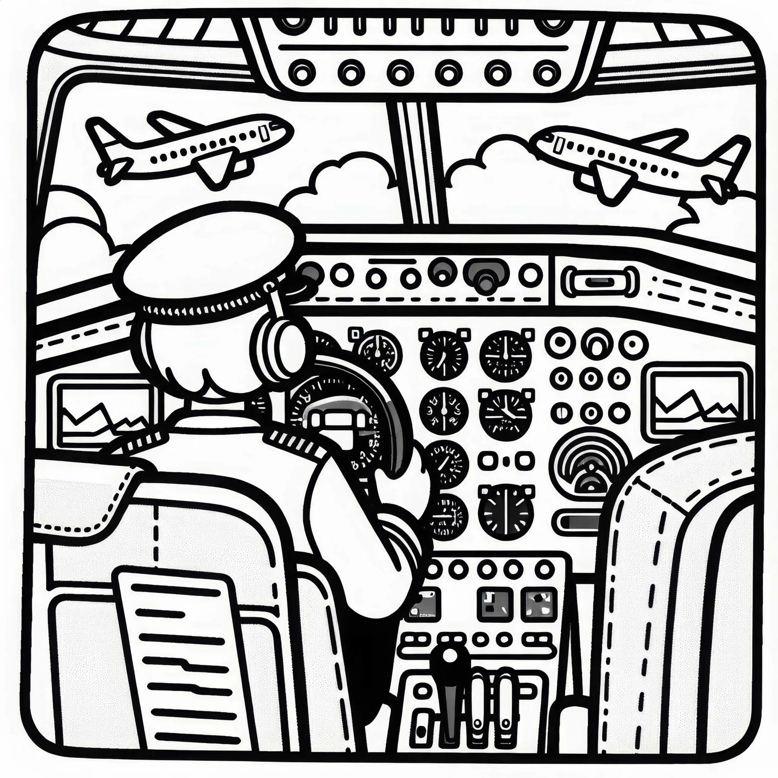 Flugzeugcockpit mit Instrumenten – Malvorlage einfach gratis (Ausmalbild)