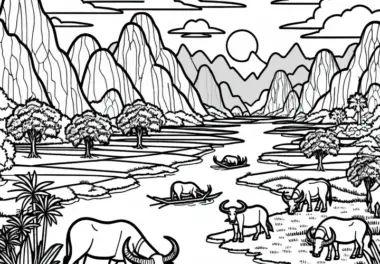 Flussdelta mit Wasserbüffeln und Reisfeldern – Ausmalbild aus Asien kostenlos