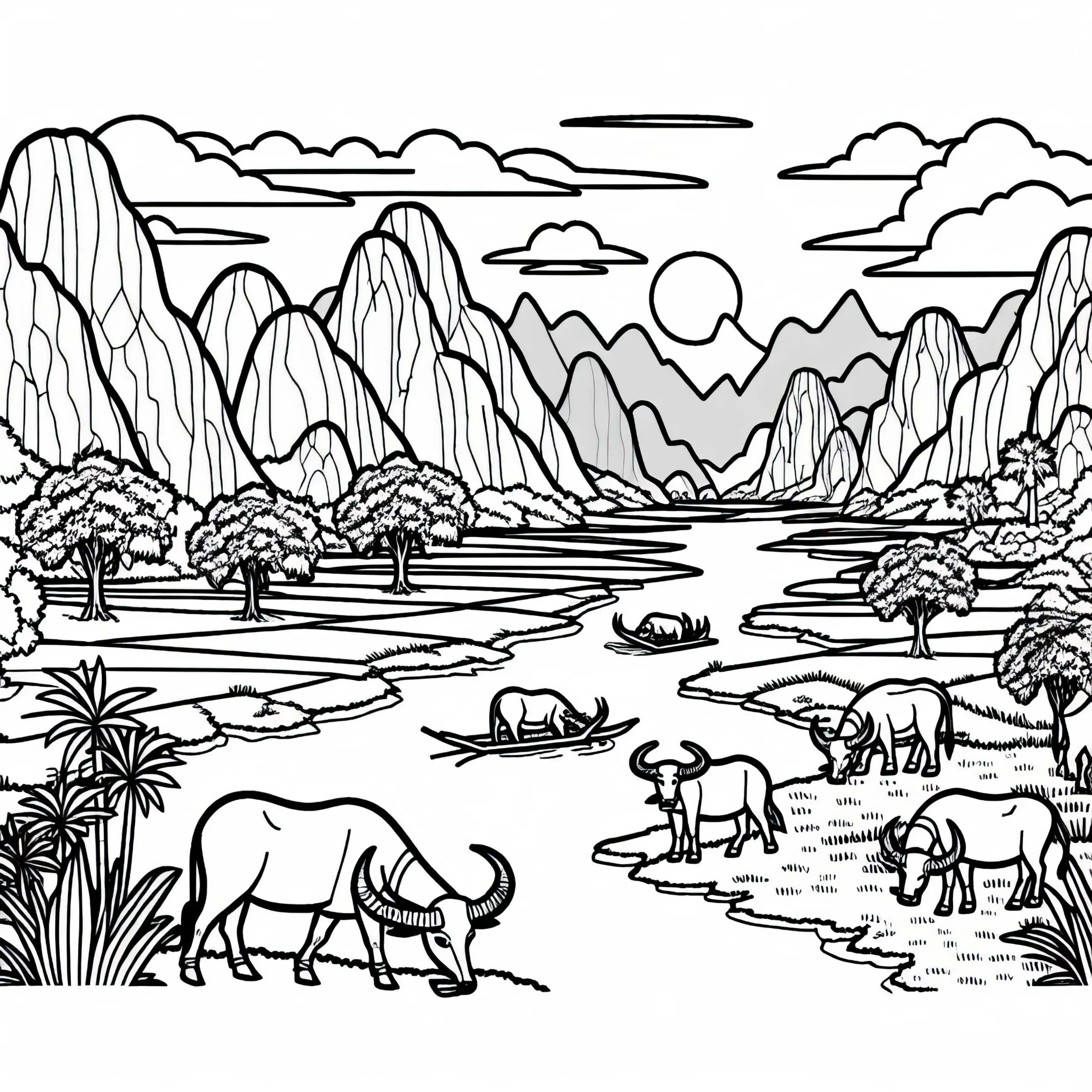 Flussdelta mit Wasserbüffeln und Reisfeldern – Ausmalbild aus Asien kostenlos