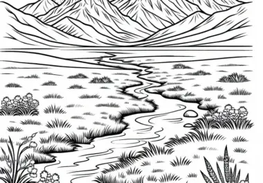 Flusslauf durch endlose Graslandschaft – Malvorlage Steppe kostenlos