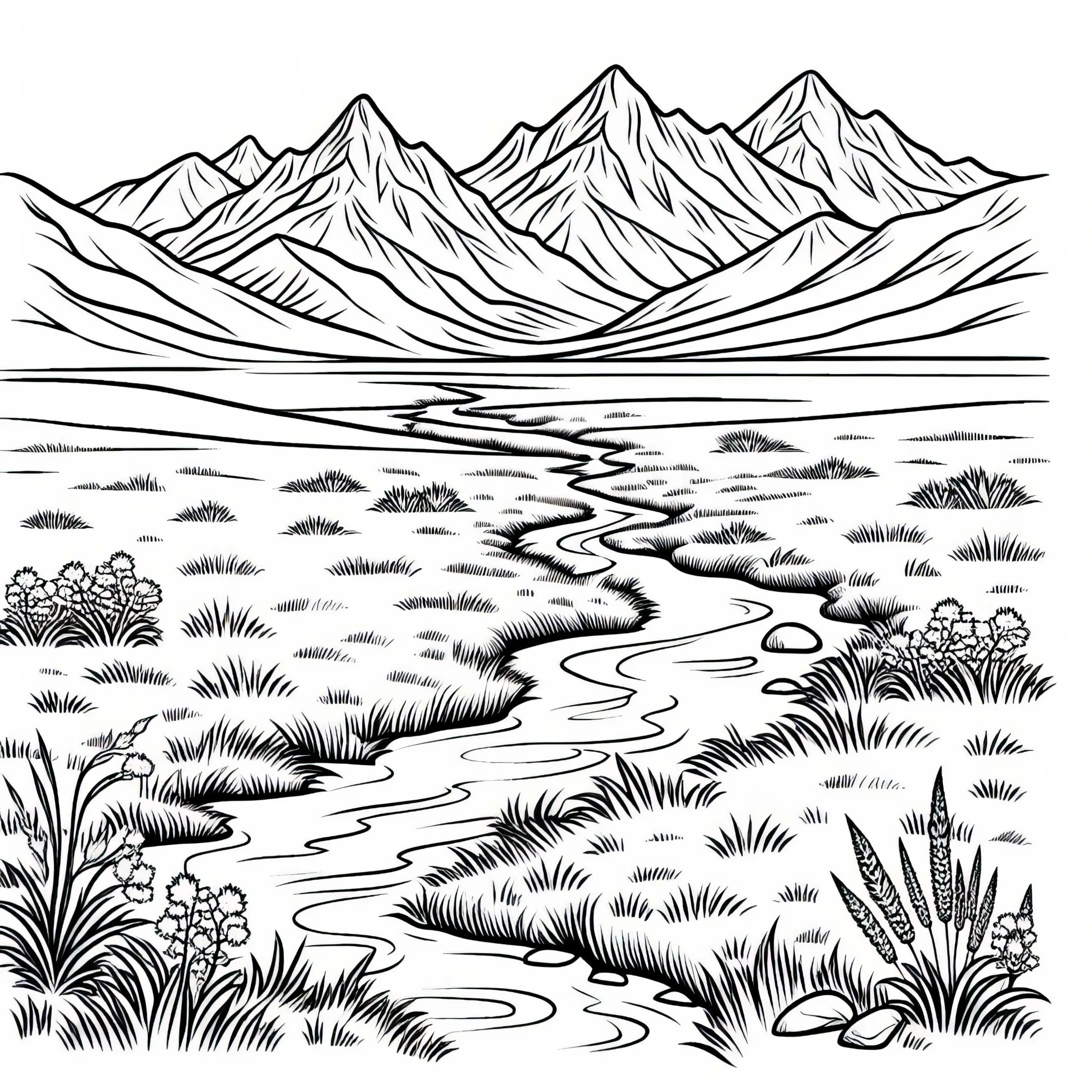 Flusslauf durch endlose Graslandschaft – Malvorlage Steppe kostenlos (Ausmalbild)