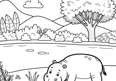 Flusspferd frisst Gras am Ufer eines Flusses – Malvorlage kostenlos