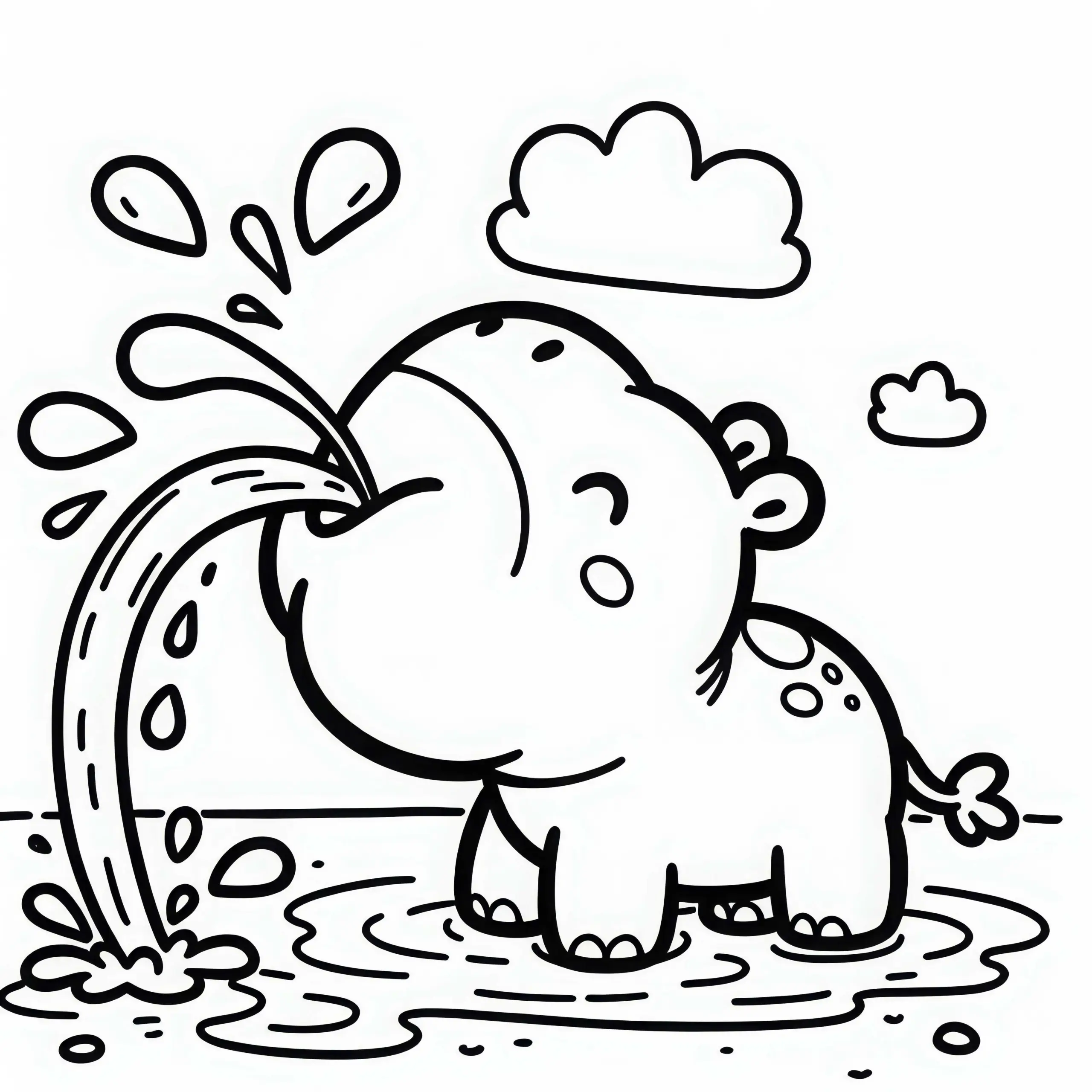 Flusspferd spritzt Wasser – einfache Malvorlage gratis (Ausmalbild)
