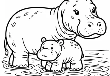 Flusspferdbaby Steht Neben Seiner Mutter Im Seichten Wasser Malvorlage Gratis