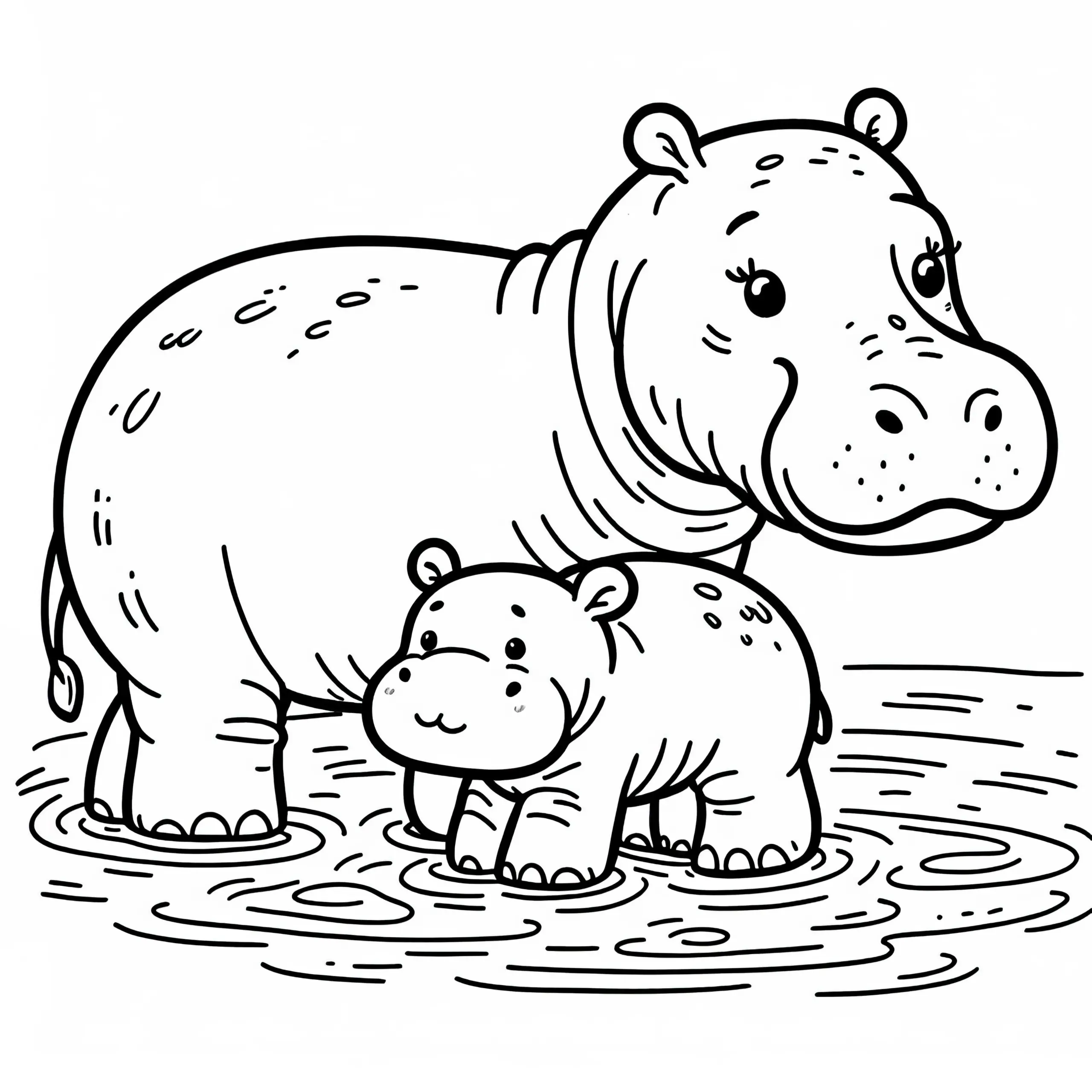 Flusspferdbaby Steht Neben Seiner Mutter Im Seichten Wasser Malvorlage Gratis (Ausmalbild)