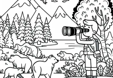 Förster beobachtet Wildtiere mit Fernglas – Malvorlage kostenlos