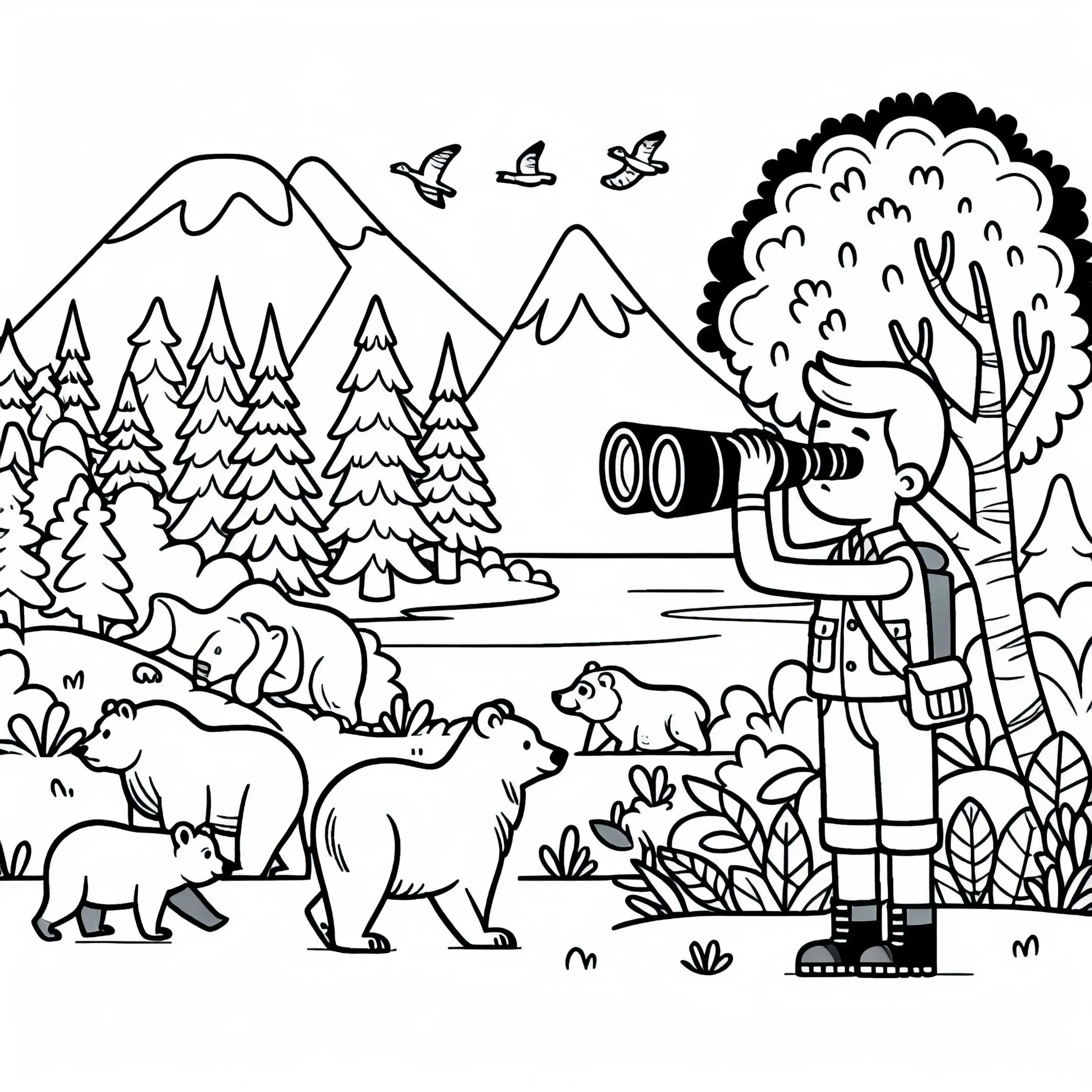 Förster beobachtet Wildtiere mit Fernglas – Malvorlage kostenlos (Ausmalbild)
