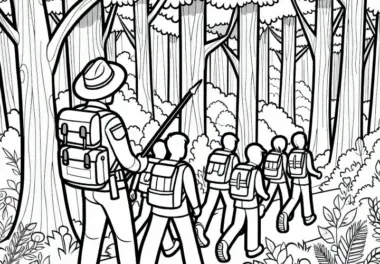 Förster führt Gruppe von Wanderern durch den Wald – Ausmalbild kostenlos