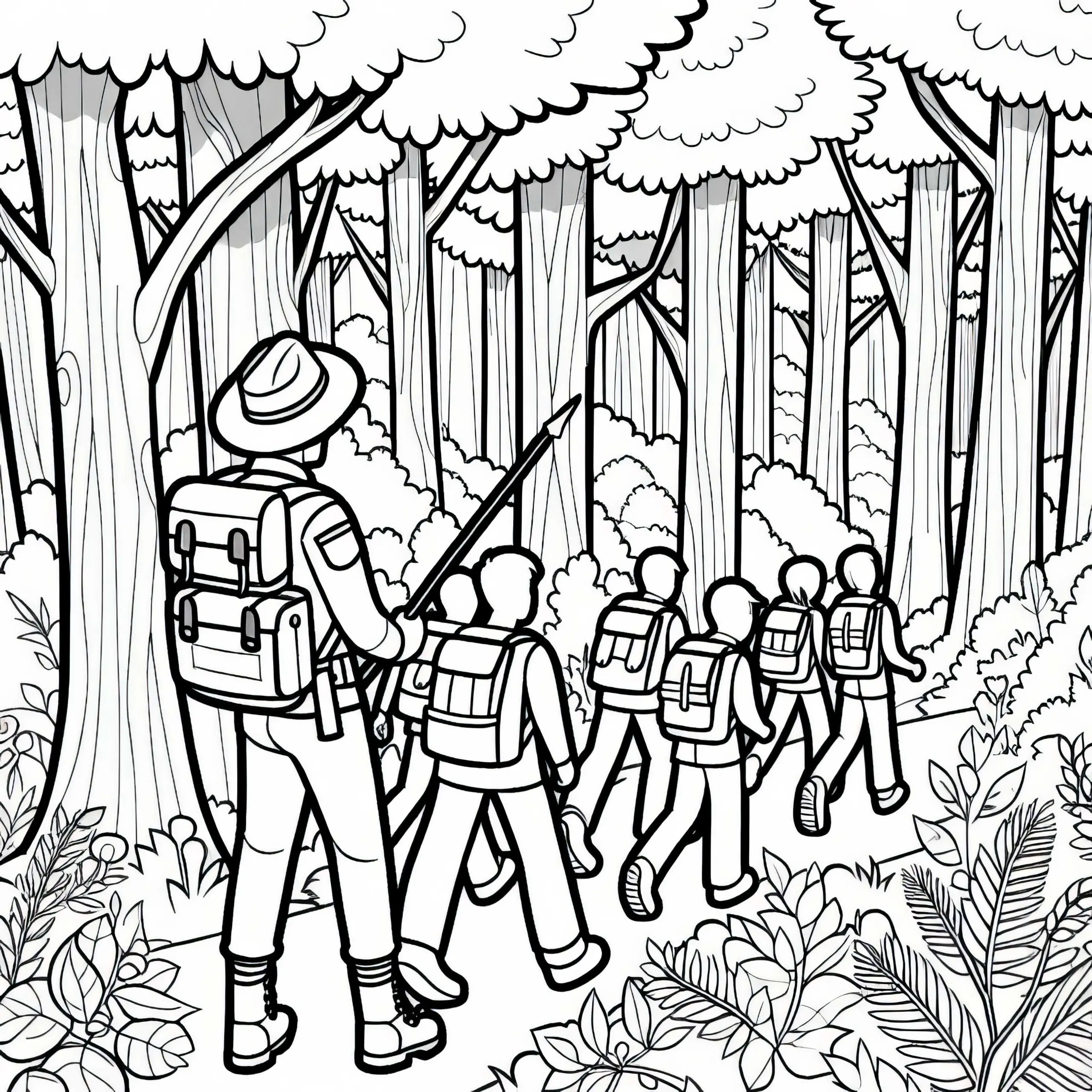 Förster führt Gruppe von Wanderern durch den Wald – Ausmalbild kostenlos