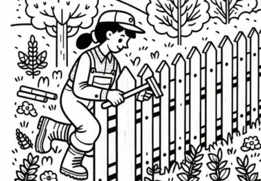 Försterin repariert Zaun um ein Naturschutzgebiet – Malvorlage gratis