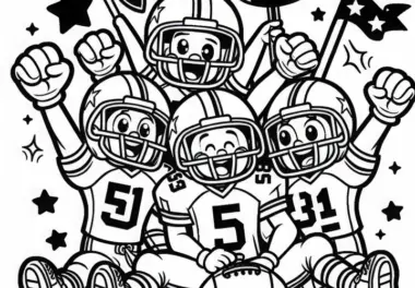 Football-Team feiert erzielten Touchdown – Malvorlage kostenlos