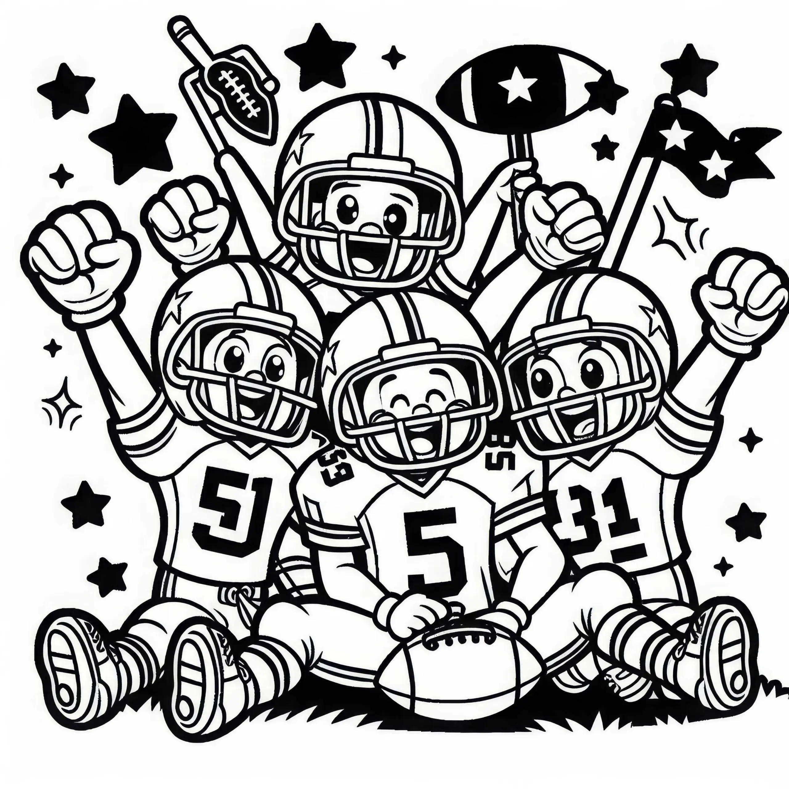 Football-Team feiert erzielten Touchdown – Malvorlage kostenlos (Ausmalbild)