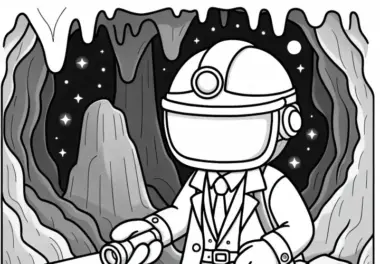 Forscher in Höhle mit Helm und Taschenlampe – Malvorlage kostenlos