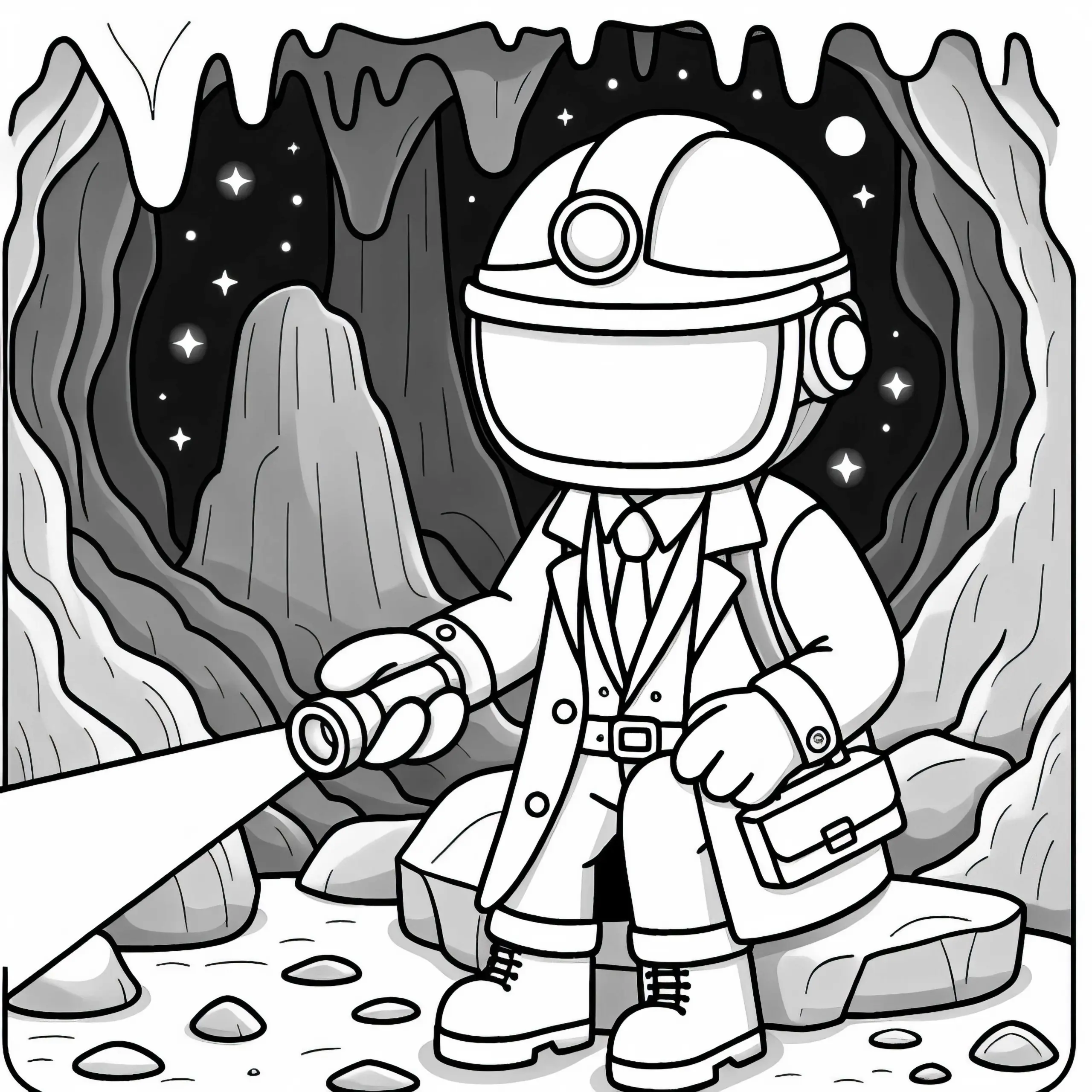 Forscher in Höhle mit Helm und Taschenlampe – Malvorlage kostenlos (Ausmalbild)
