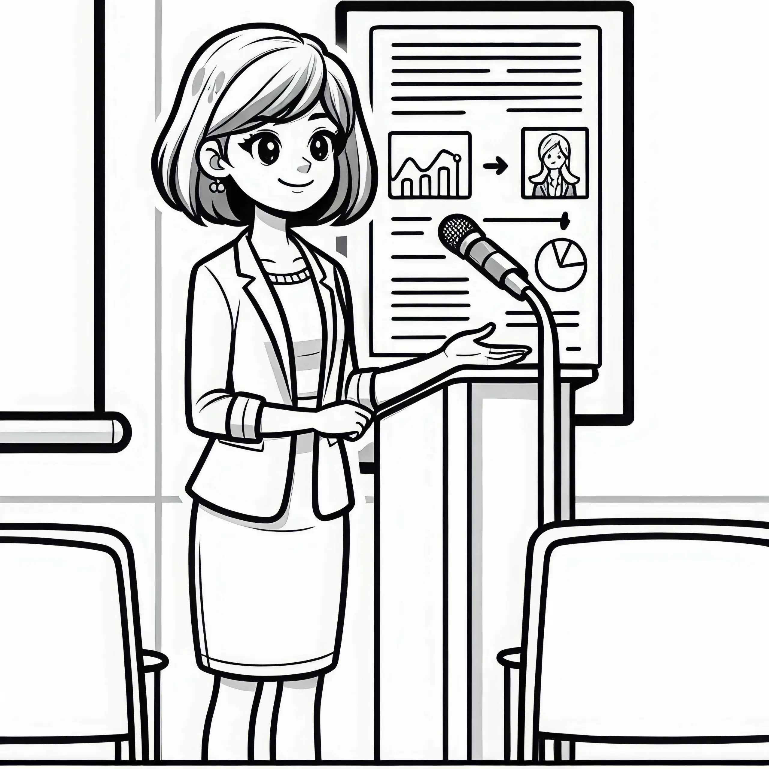 Forscherin bei Konferenz mit Präsentationsposter – Malvorlage gratis (Ausmalbild)