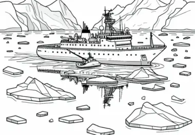 Forschungsschiff bricht durch Eis – Ausmalbild Antarktis kostenlos herunterladen