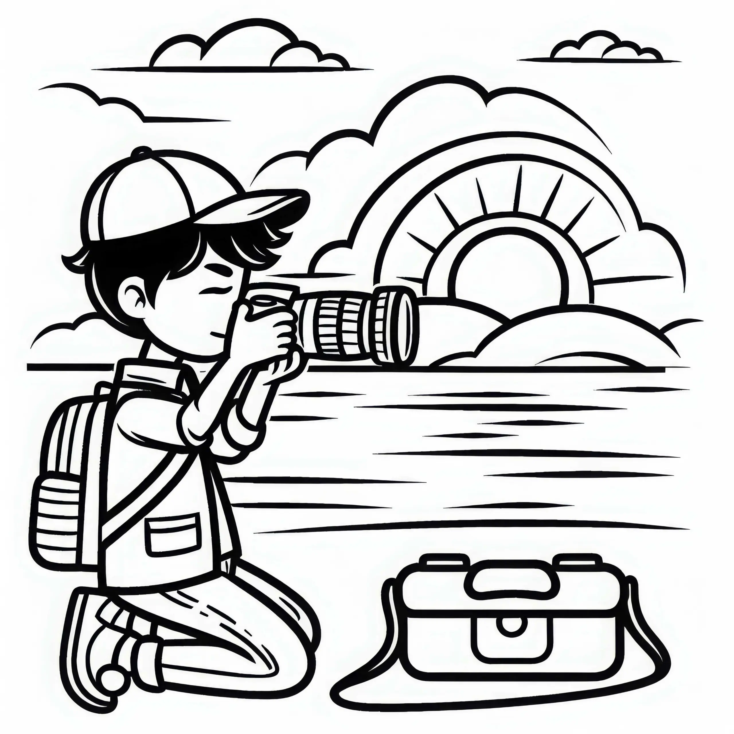 Fotograf beim Fotografieren eines Sonnenuntergangs: Ausmalbild kostenlos