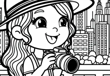 Fotografin bei Aufnahme einer Stadtlandschaft – Ausmalbild kostenlos