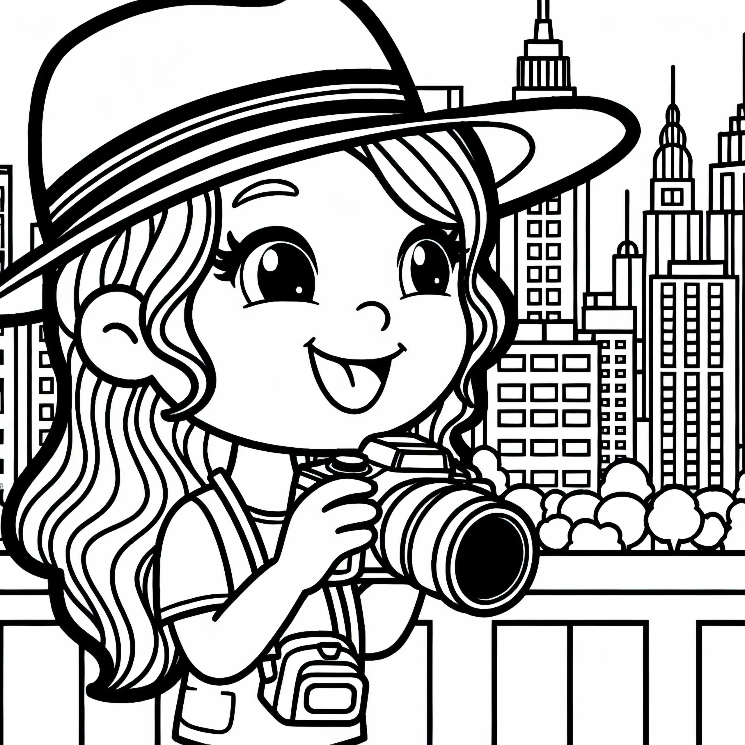 Fotografin bei Aufnahme einer Stadtlandschaft – Ausmalbild kostenlos