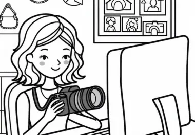 Fotografin beim Bearbeiten von Bildern am Computer – Malvorlage gratis