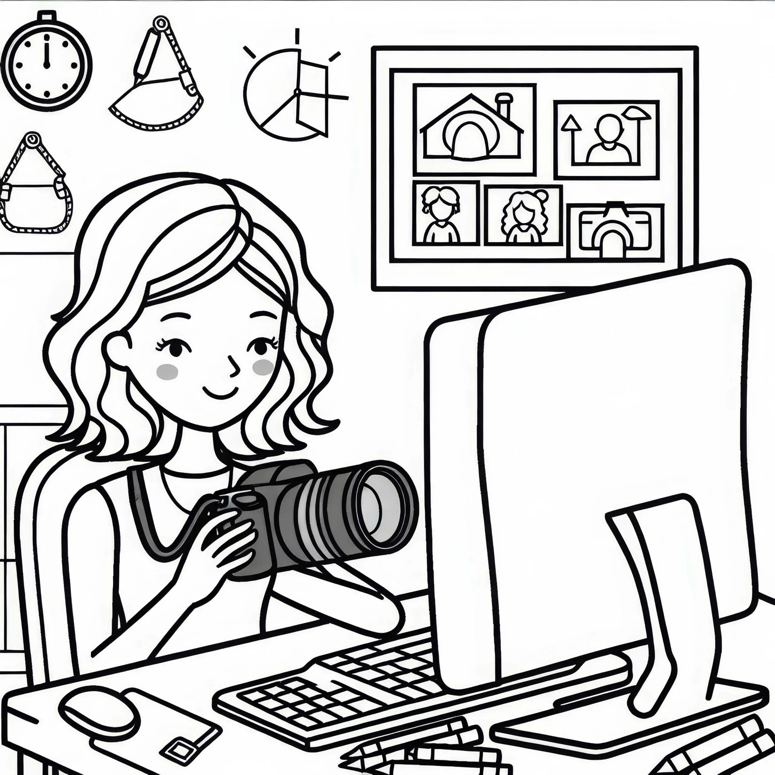 Fotografin beim Bearbeiten von Bildern am Computer – Malvorlage gratis (Ausmalbild)