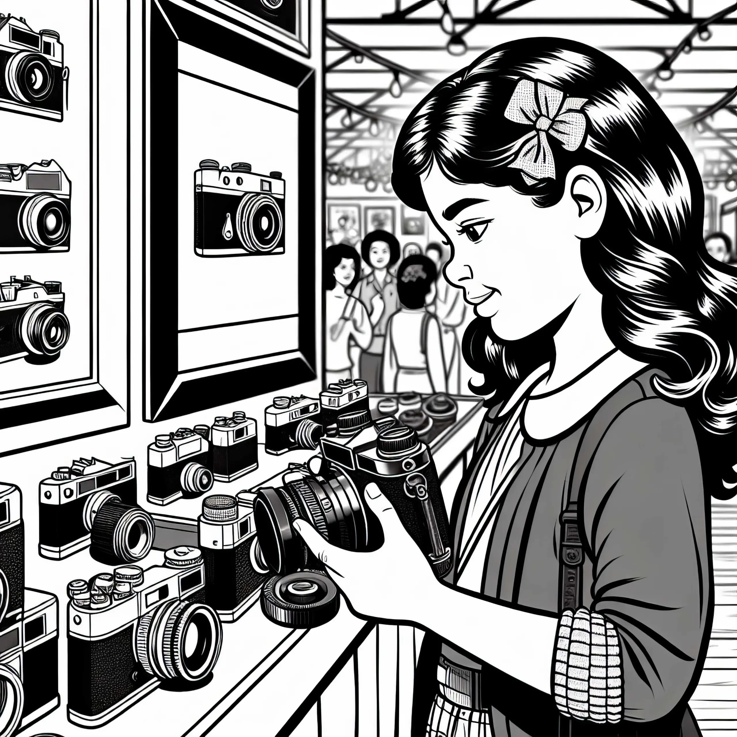Fotografin inspiziert alte Kameras in Ausstellung – Ausmalbild kostenlos