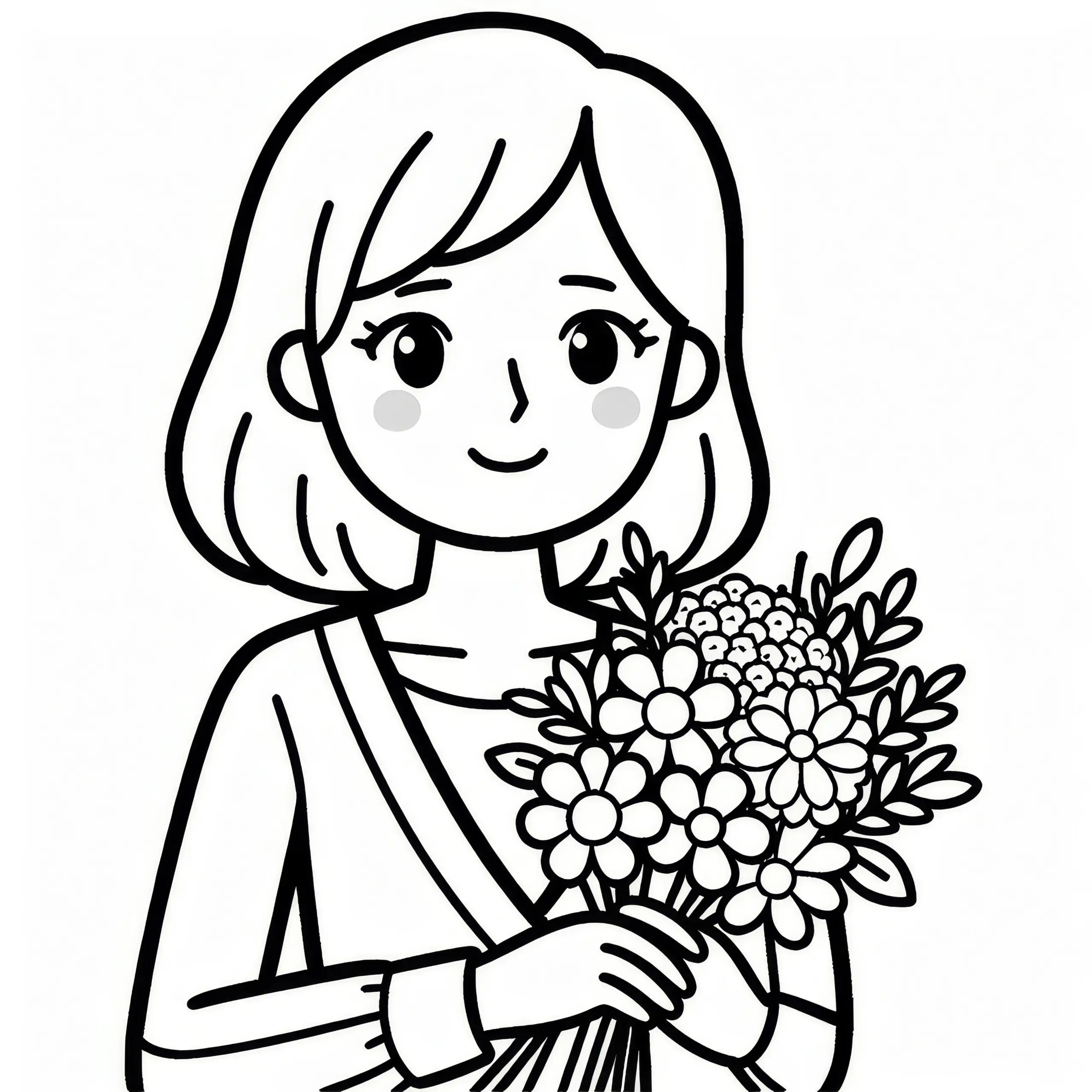Frau, die einen Blumenstrauß hält: Frauentag einfache Malvorlage (Gratis) (Ausmalbild)