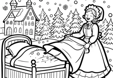 Frau Holle schüttelt Betten: Es schneit auf der Erde – Gratis Ausmalbild