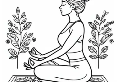 Frau macht die Lotussitz-Pose und atmet tief ein – Yoga Ausmalbild kostenlos