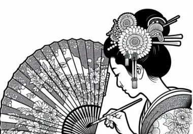Frau malt auf Fächer ein traditionelles Muster – Ausmalbild Altes Japan kostenlos