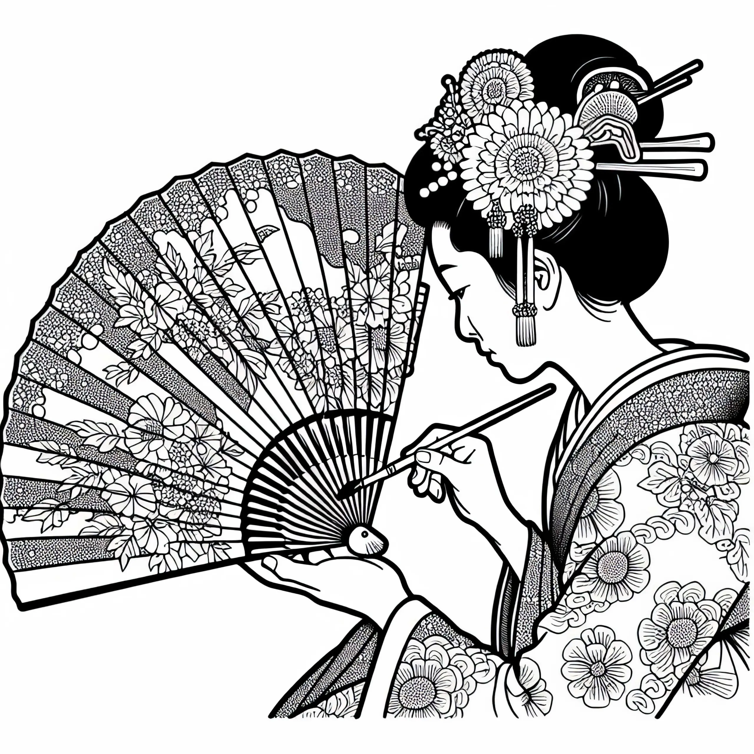 Frau malt auf Fächer ein traditionelles Muster – Ausmalbild Altes Japan kostenlos