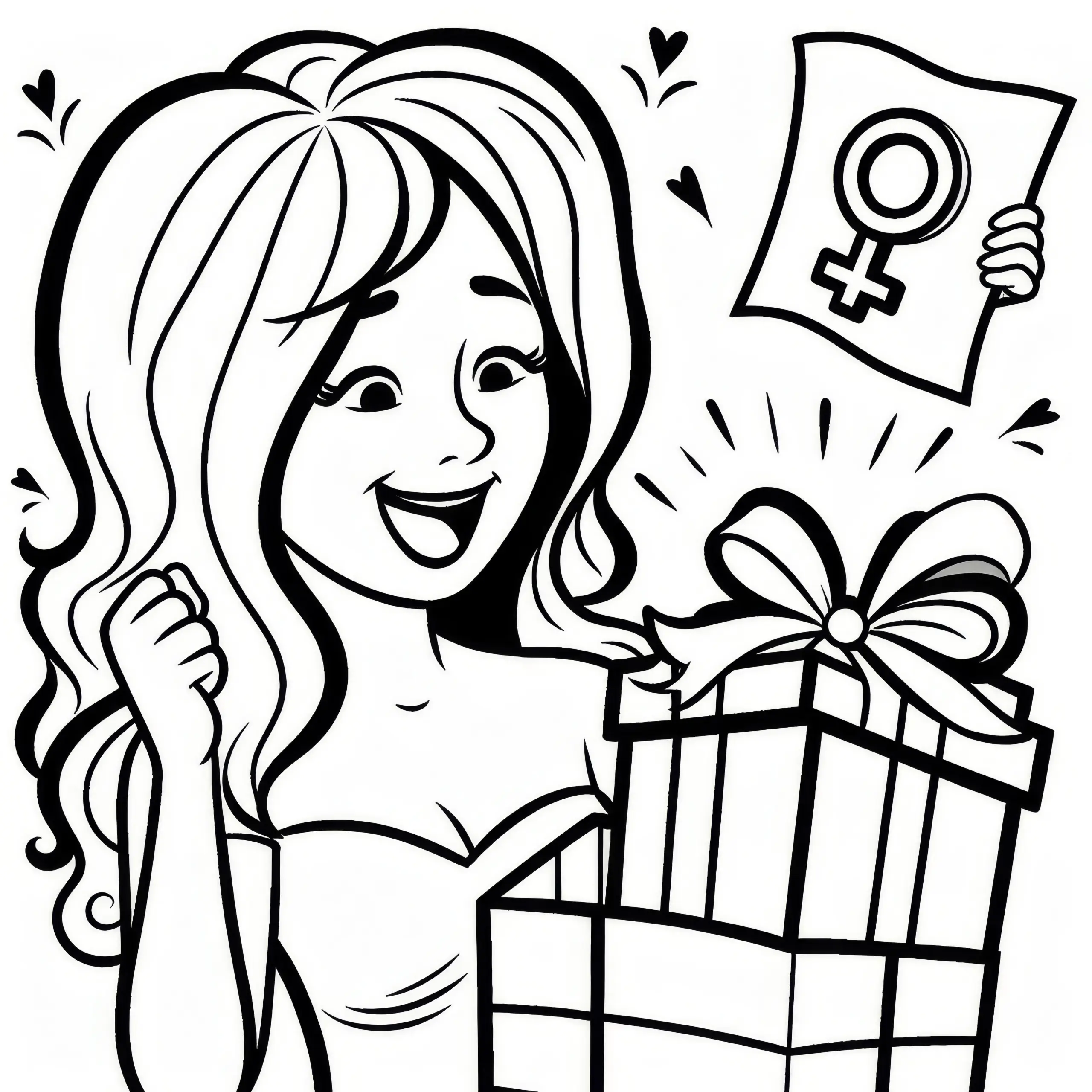 Frau öffnet Geschenk und lächelt: Malvorlage für den Frauentag (Kostenlos) (Ausmalbild)