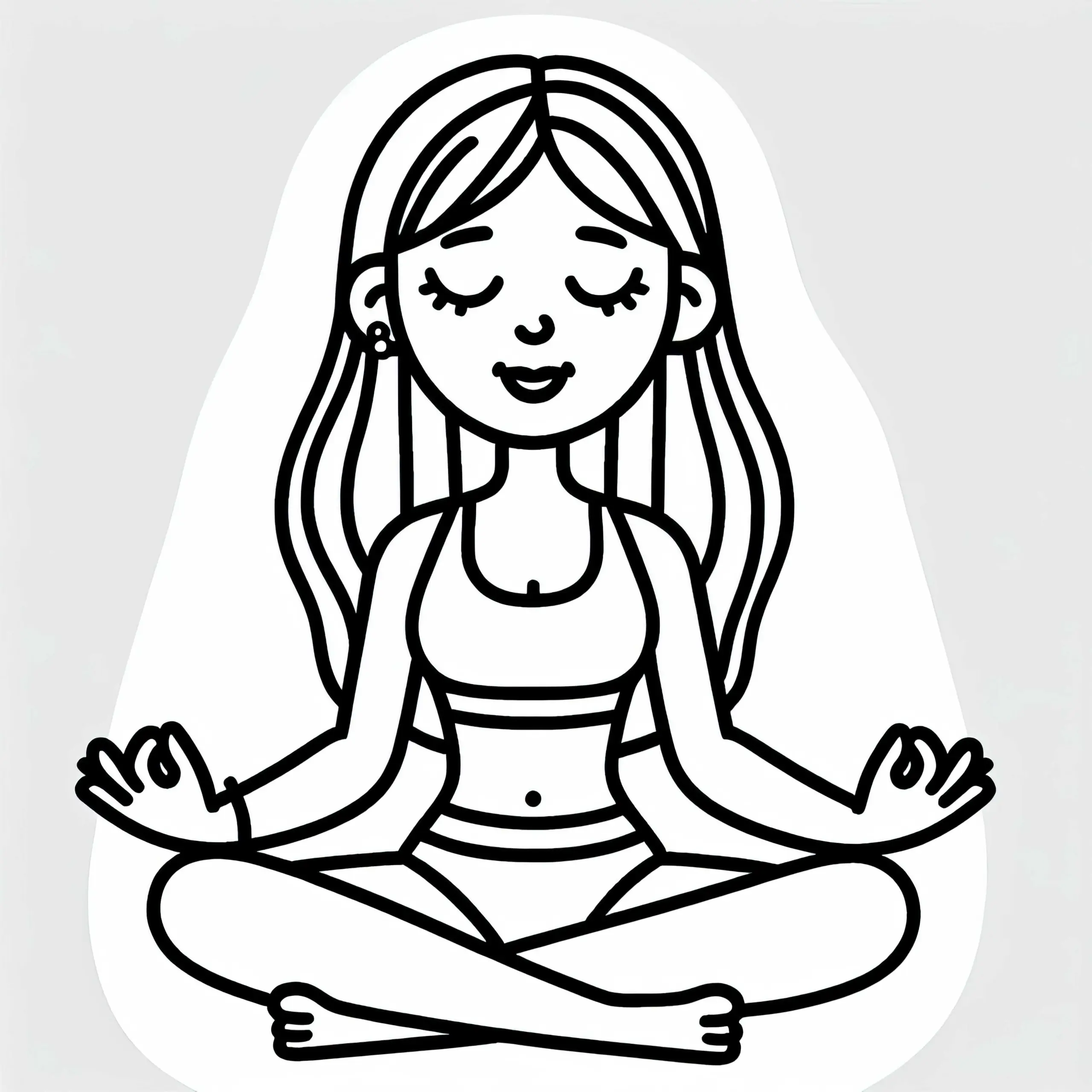 Frau sitzt im Schneidersitz und meditiert – Yoga Malvorlage einfach kostenlos (Ausmalbild)