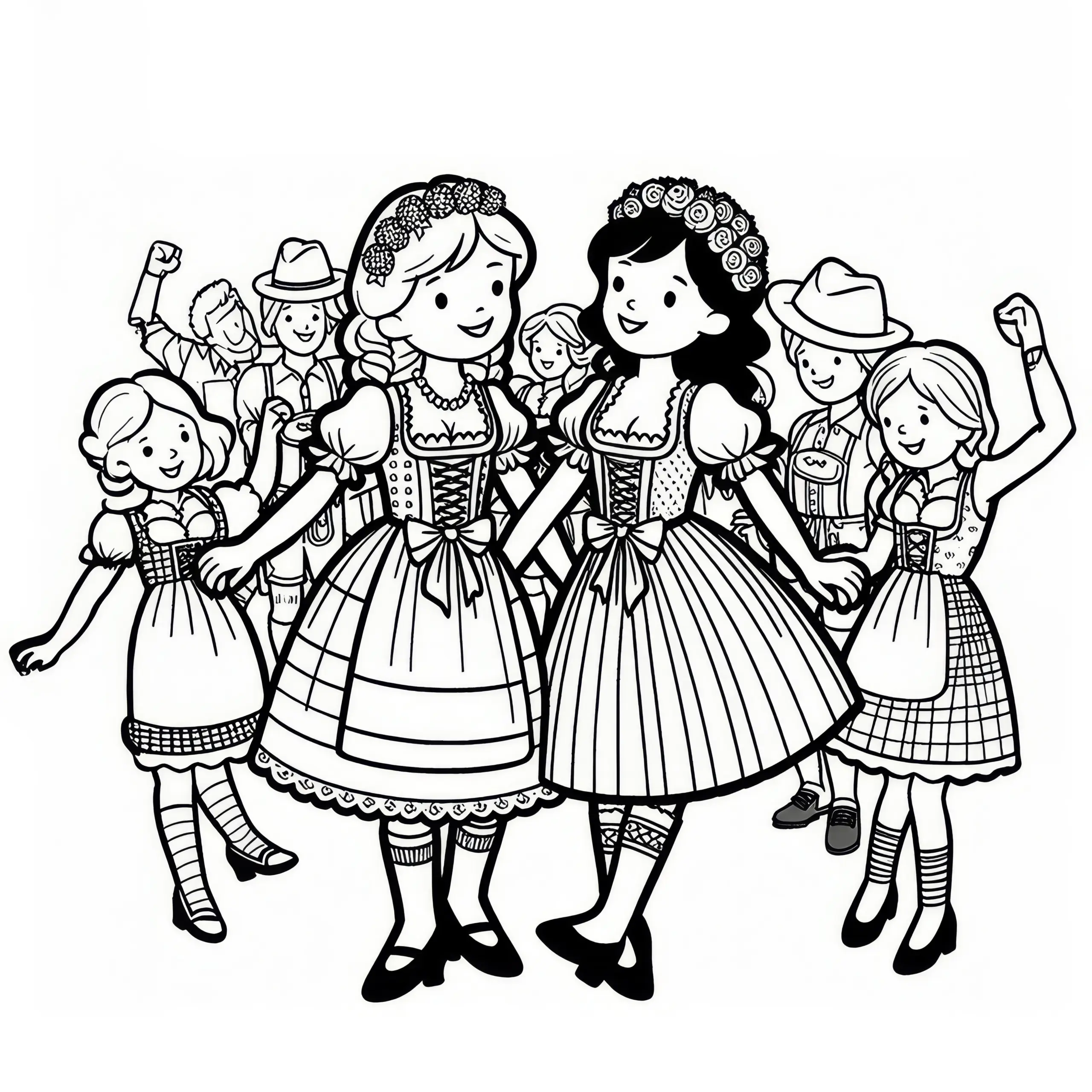 Frauen im Dirndl zum Oktoberfest: Einfaches Ausmalbild (Gratis)