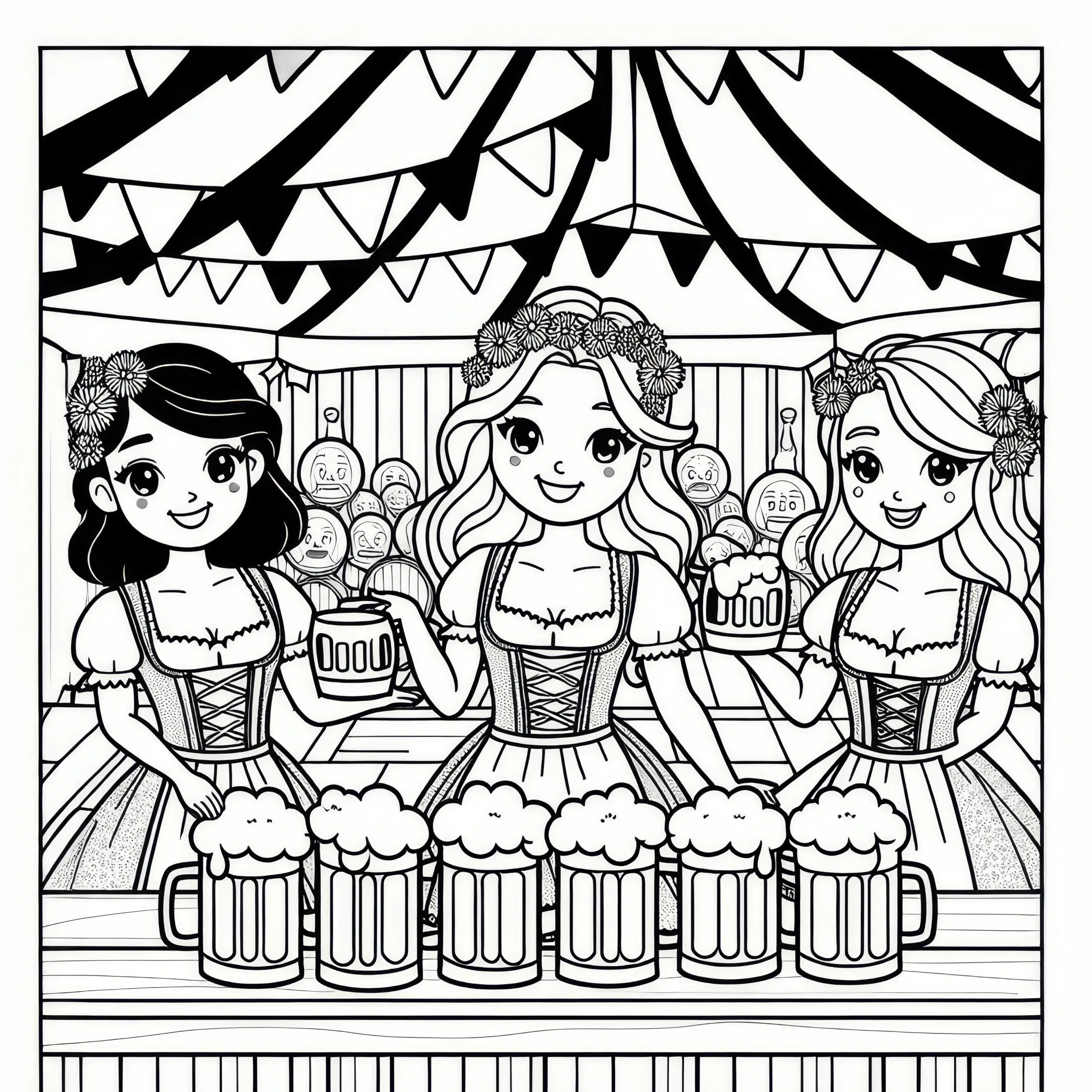Frauen im Dirndl im Oktoberfestzelt servieren Bier als Malvorlage (Kostenlos) (Ausmalbild)