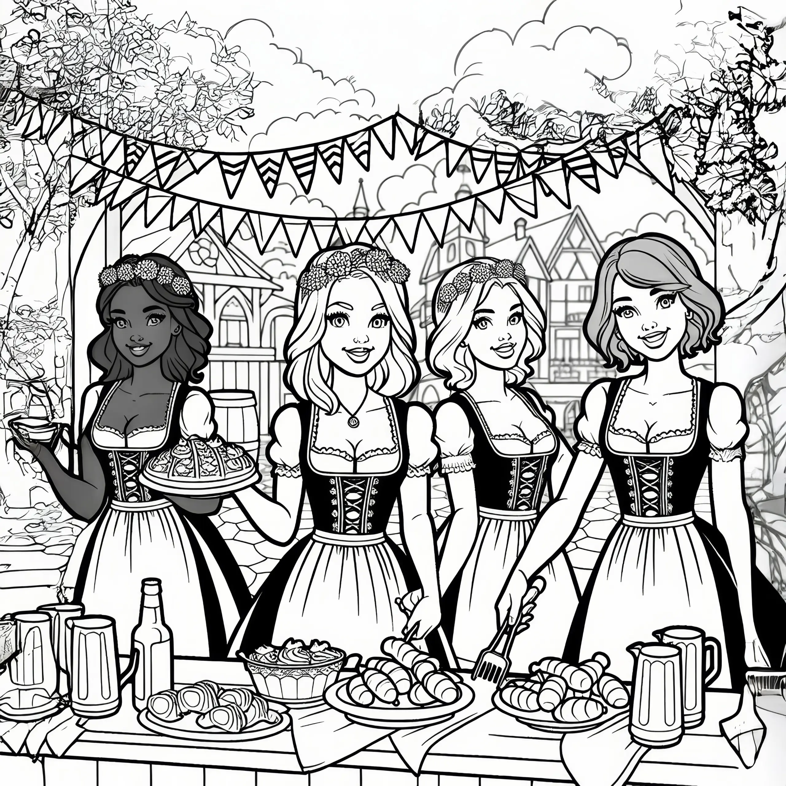 Frauen im Dirndl servieren Speisen auf dem Oktoberfest (Gratis) (Ausmalbild)