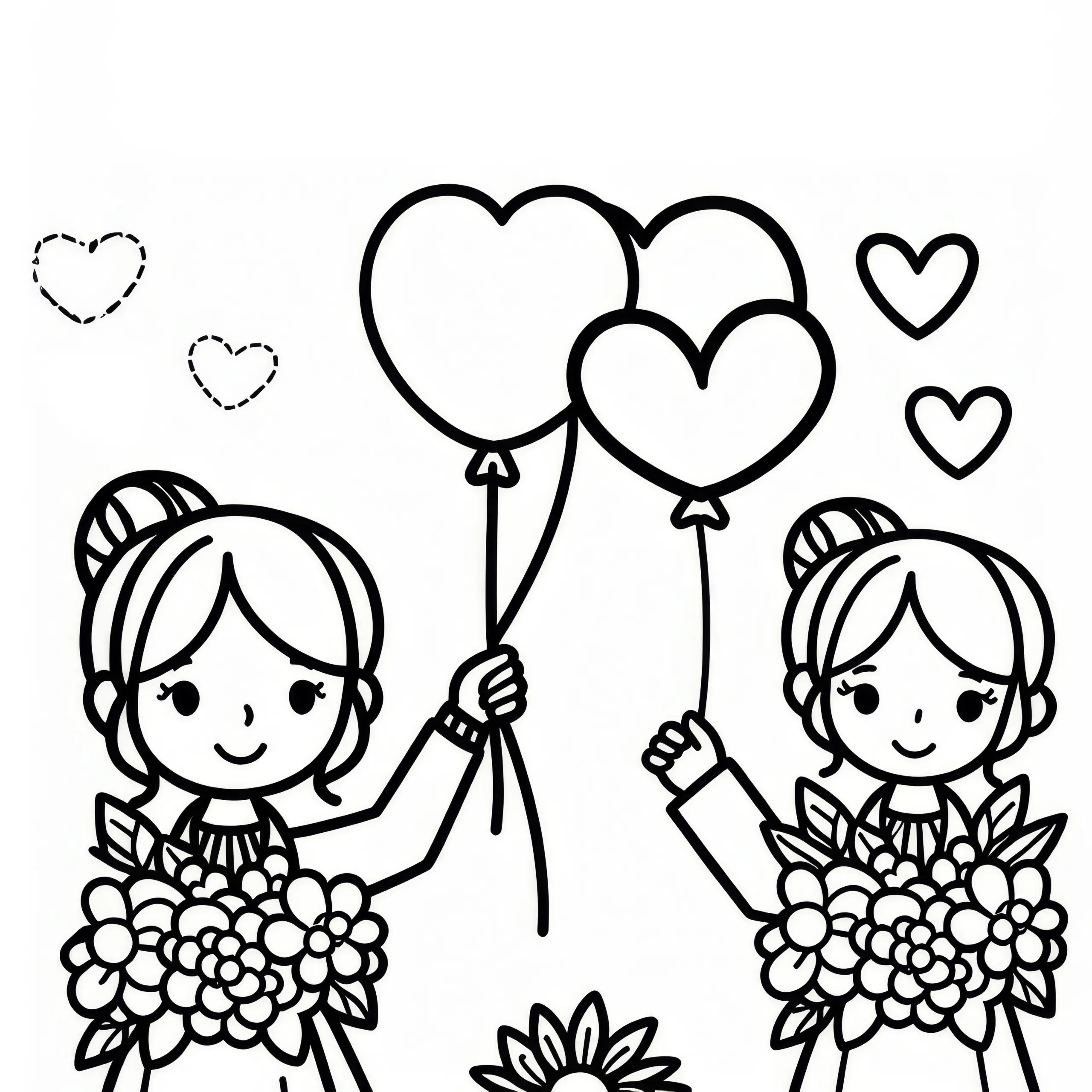 Frauen, die Luftballons in Herzform in der Hand halten: Ausmalbild zum Frauentag (Gratis)