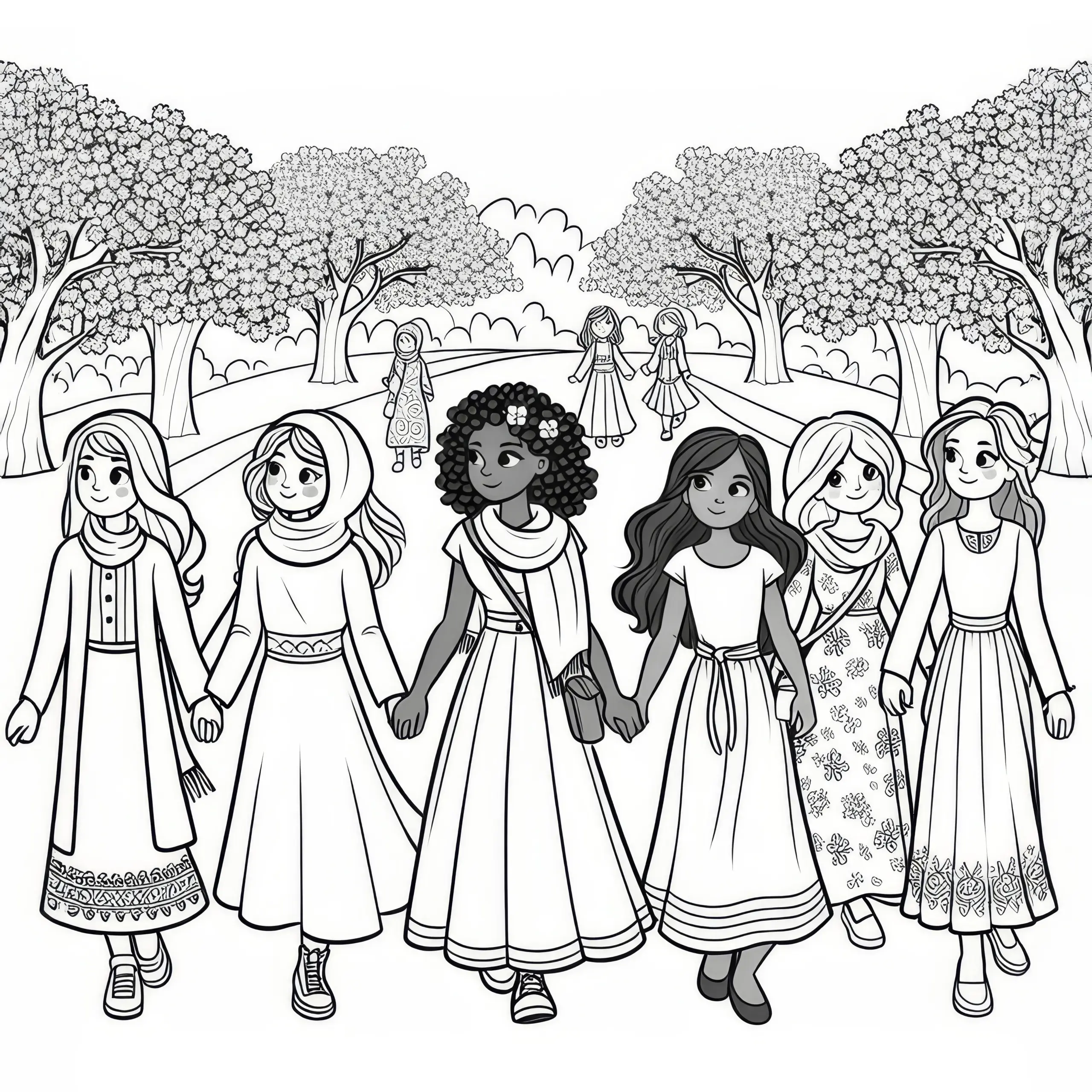 Frauen spazieren im Park unter blühenden Bäumen (Kostenlos) (Ausmalbild)