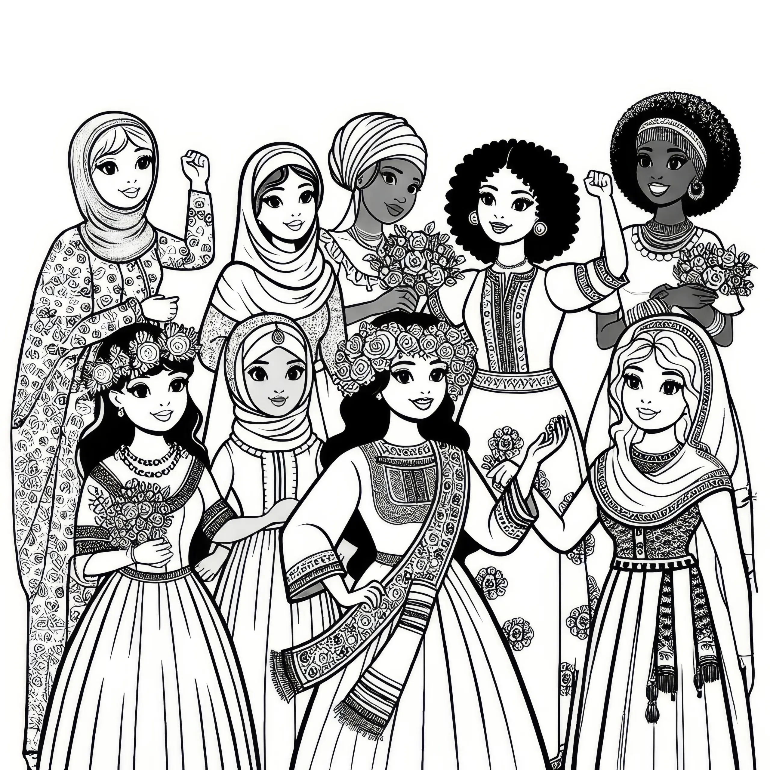 Frauen verschiedener Kulturen in traditioneller Kleidung feiern gemeinsam Frauentag (Kostenlos) (Ausmalbild)