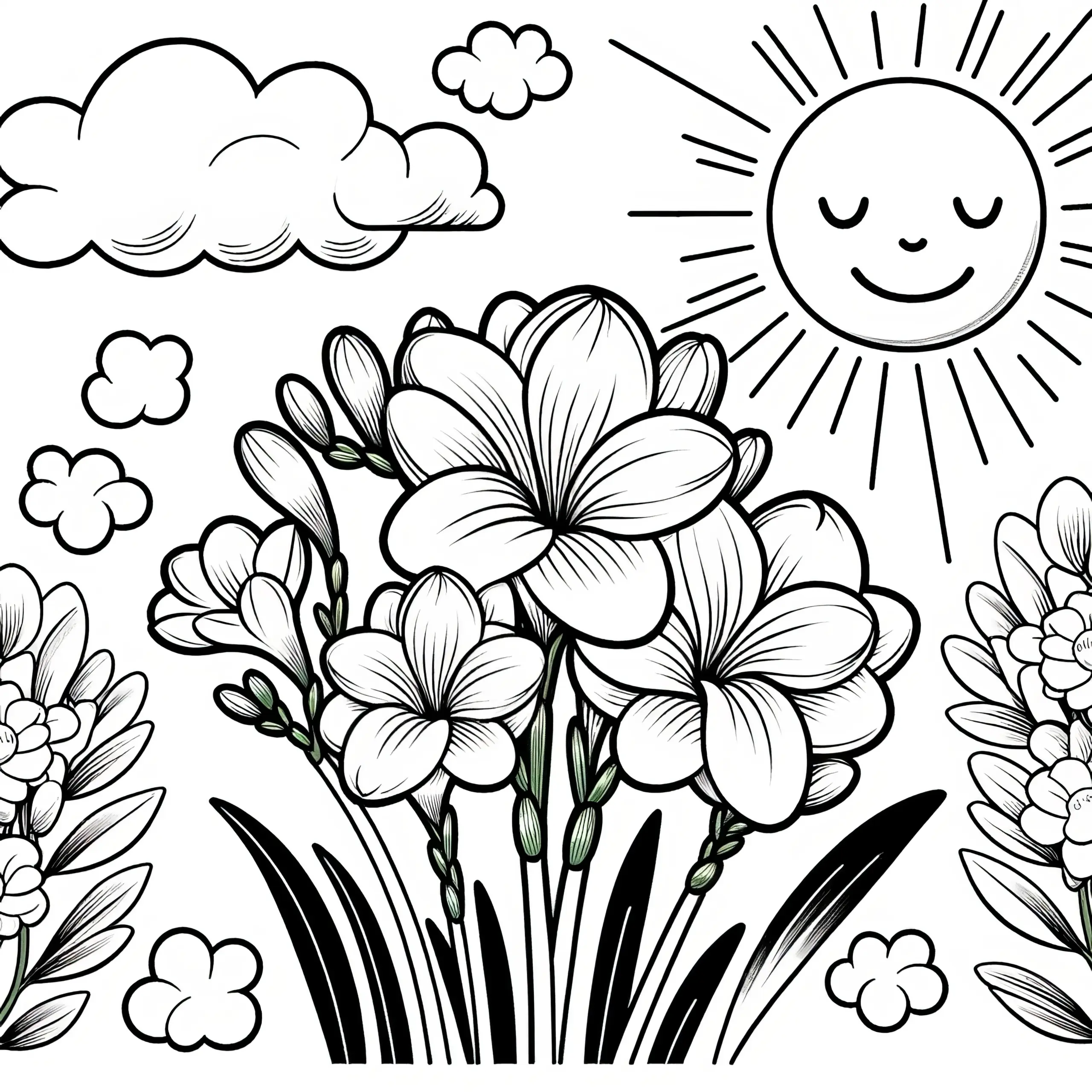 Freesien Blume mit Blüten als Ausmalbild kostenlos herunterladen