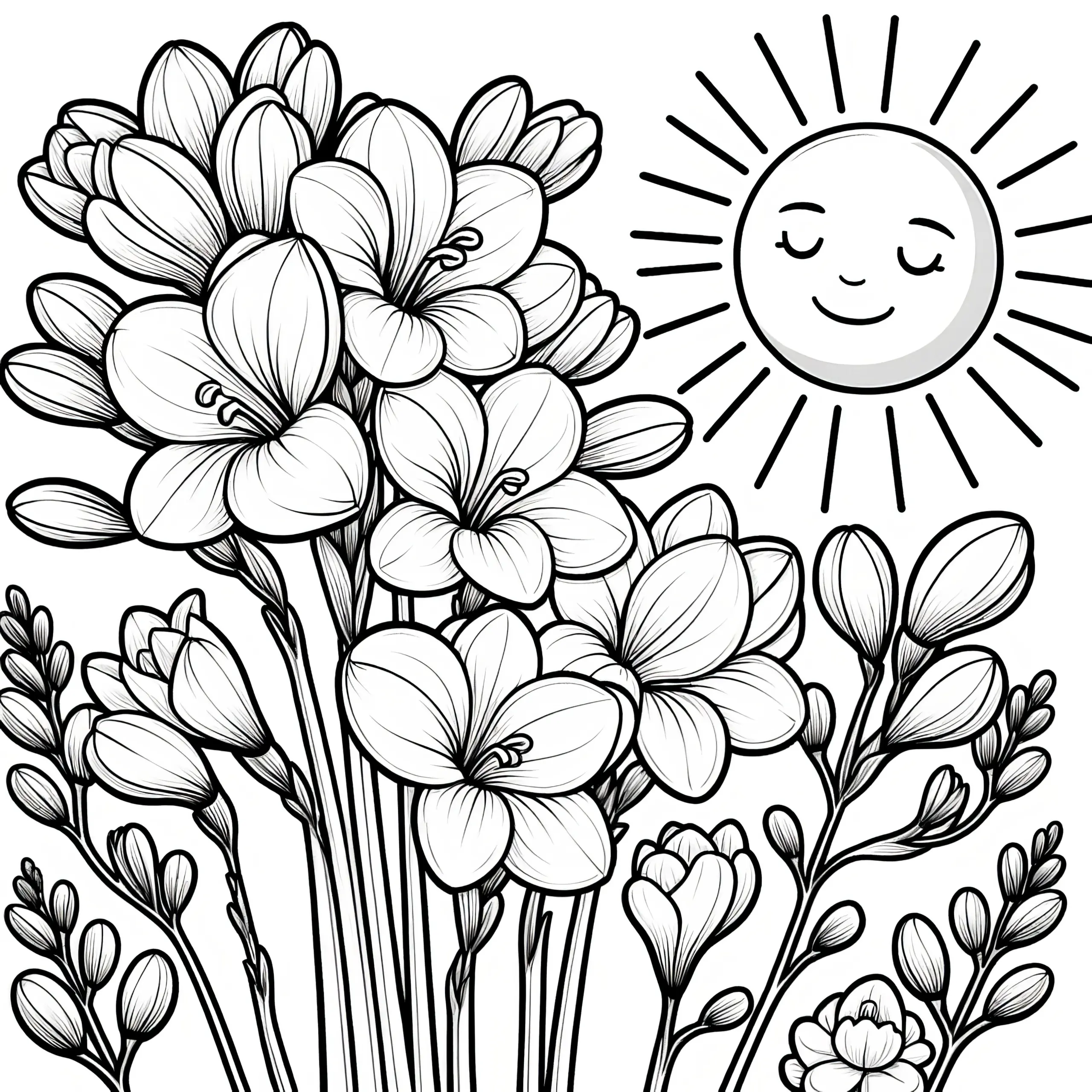 Freesien Blumen mit liebevoller Sonne: Malvorlage (Kostenlos) (Ausmalbild)