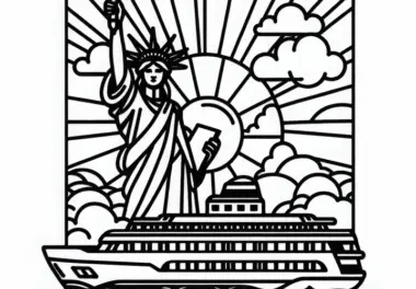 Freiheitsstatue in den USA mit Fähre im Vordergrund – Ausmalbild für Nordamerika