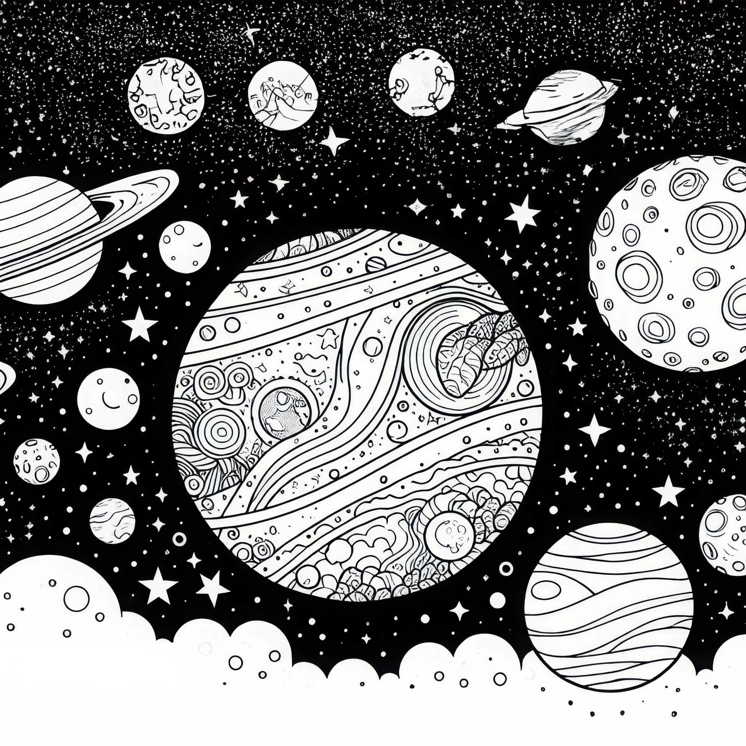 Auf einem fremden Planeten: Malvorlage zum Ausmalen (Ausmalbild)