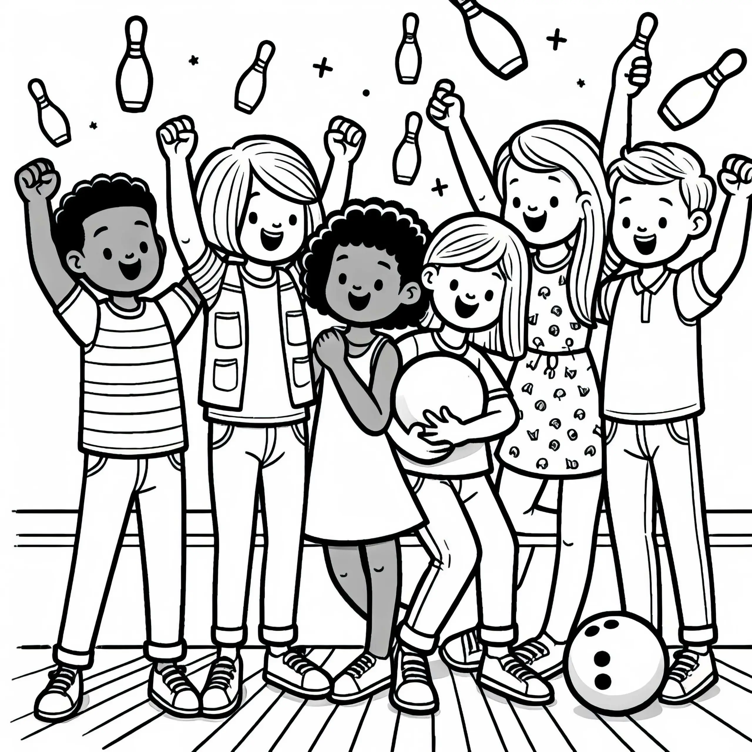 Freunde jubeln über gelungenen Wurf beim Bowling – Malvorlage kostenlos (Ausmalbild)